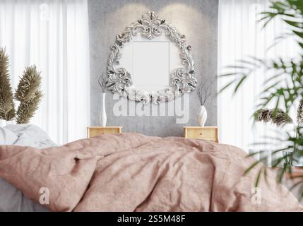 3D-Illustration Mock Up Posterrahmen im Schlafzimmer Innenraum, dekoriert mit schönen und komfortablen Möbeln, Rendering Stockfoto