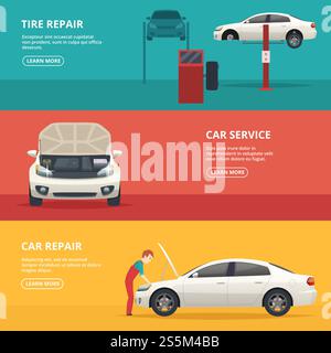 Banner für Autoreparaturen. Arbeiter in der Automobilwerkstatt warten mit mechanischen Werkzeugen den Wartungswagen. Flache Vektorbilder werden für Text platziert. Abbildung: Autowerkstatt-Service, Autoreparatur. Banner für Autoreparaturen. Arbeiter in der Automobilwerkstatt warten mit mechanischen Werkzeugen den Wartungswagen. Flache Vektorbilder werden für Text platziert Stock Vektor