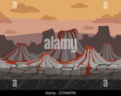 Vulcanoes nahtloser Spielhintergrund. Rockie Ground mit Steinen prähistorische Outdoor Vektorlandschaft im Cartoon Stil. Illustration der Vulkanlandschaft Ebene Szene, Panoramaebene. Vulcanoes nahtloser Spielhintergrund. Rockie Ground mit Steinen prähistorische Outdoor Vektorlandschaft im Cartoon Stil Stock Vektor