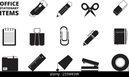 Symbol für Bürogeräte. Stationäre Geschäftsartikel Aktenvernichter Tastaturordner Papier Bleistifte Stifte Bücher Journal Vektor schwarze Symbole. Schreibwaren und Notizblock monochrome, schwarz-weiße Illustration. Symbol für Bürogeräte. Stationäre Geschäftsartikel Aktenvernichter Tastaturordner Papier Bleistifte Stifte Bücher Journal Vektor schwarze Symbole Stock Vektor