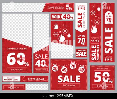 Webbanner Standardgrößen. Werbung für Business-Banner horizontale vertikale quadratische Formen Vektorvorlage. Illustration des Rabatts an Weihnachten, Werbebanner weihnachtsverkauf. Webbanner Standardgrößen. Werbung für Business-Banner horizontale vertikale quadratische Formen Vektorvorlage Stock Vektor