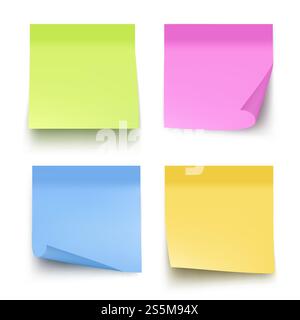 Farbige Haftnotizen. Postnotiz Papiervektor realistische Bilder isoliert. Abbildung: Keine Notizmeldung, Erinnerungsankündigung. Farbige Haftnotizen. Postnotiz Papiervektor realistische Bilder isoliert Stock Vektor
