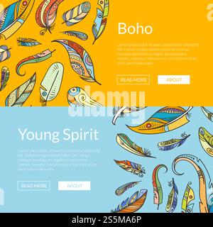 Vektor Boho Doodle Federn Web Banner Vorlagen und Poster Seite Illustration. Vektor Boho Kritzelfedern Web Banner Vorlagen Illustration Stock Vektor