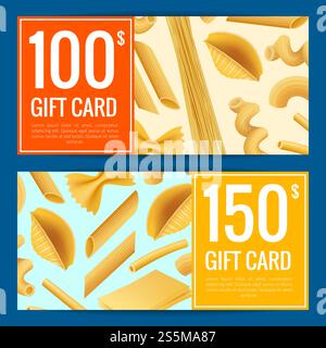 Vektor realistische Pasta-Typen Rabatt oder Geschenkkarte Gutscheinvorlagen Illustration. Vektor realistische Pasta Arten Rabatt oder Geschenk Stock Vektor
