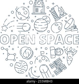 Leerstandsymbole. Universumsgalaxie Astrologie Mondsterne bewegen Ikonen in Form eines Vektorkreises. Illustration des Weltraumuniversums Shuttle, Raumschiff und Konstellation. Weltraumuniversum, Raumschiff und Shuttle. Leerstandsymbole. Universumsgalaxie Astrologie Mondsterne bewegen Ikonen in Form eines Vektorkreises Stock Vektor