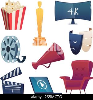 Kinosymbole. Unterhaltung Zeichentricksymbole 3D Gläser Snacks Kamera Popcorn Megaphon Comedy Masken Klatscher Vektor Bilder. Kinofilm und Bildschirm-TV, Multimedia-Unterhaltung Illustration. Kinosymbole. Unterhaltung Zeichentricksymbole 3D Gläser Snacks Kamera Popcorn Megaphon Comedy Masken Klatscher Vektor Bilder Stock Vektor