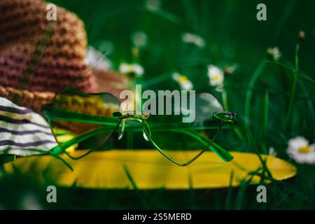 Strohhut im Boho-Stil und eine grüne Sonnenbrille in Herzform liegen auf einem grünen Rasen mit blühender Wiese. Sommerreisen. Picknick im Sommer im Freien. Stockfoto