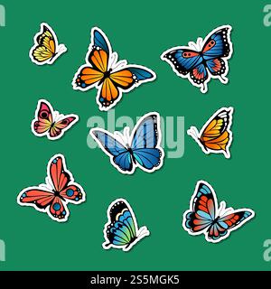 Vektor dekorative farbige Schmetterlinge Aufkleber Set Illustration. InsektenSchmetterlingsaufkleber, Frühling und Sommer. Vektor dekorative farbige Schmetterlinge Aufkleber Set Illustration Stock Vektor