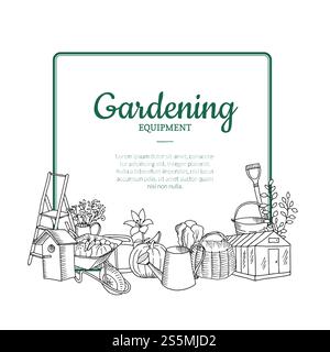 Vektor Gartenarbeit Kritzele Symbole unter Rahmen mit Platz für Textabbildung. Gartengeräte, Schubkarre und Werkzeug. Vektor Gartenarbeit Kritzele Symbole unter Rahmen mit Platz für Textabbildung Stock Vektor