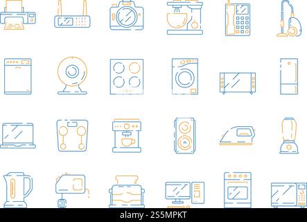 Symbole für Home Electrical. Haushalt moderne Gerät Ausrüstung Mikrowelle Computer Gadgets Kühlschrank tv Vektor farbige dünne Symbole. Ausrüstung elektrische Mischer und tv, Geräte der Küche Illustration. Symbole für Home Electrical. Haushalt moderne Gerät Ausrüstung Mikrowelle Computer Gadgets Kühlschrank tv Vektor farbige dünne Symbole Stock Vektor