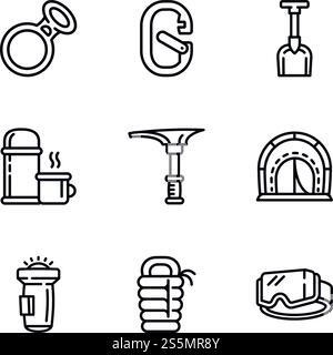 Symbolsatz für Wanderausrüstung. Umrisssatz von 9 Wanderausrüstung Vektorsymbole für Webdesign isoliert auf weißem Hintergrund. Symbol-Set für Wanderausrüstung, Umrissstil Stock Vektor