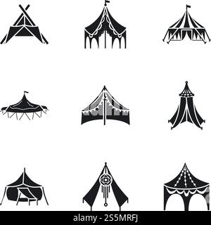 Festliches Zelt-Symbol-Set. Einfacher Satz von 9 festlichen Zeltvektorsymbolen für Webdesign isoliert auf weißem Hintergrund. Festliches Zelt-Symbol-Set, einfacher Stil Stock Vektor