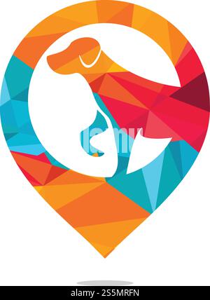 Logodesign für die Position von Hundestiern. Symbol-Hund mit Positionsmarkierung Symbol. Stock Vektor