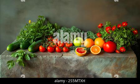 Eine lebhafte Auswahl an frischem Obst und Gemüse, elegant auf einem verwitterten rustikalen Steintisch angeordnet. Stockfoto