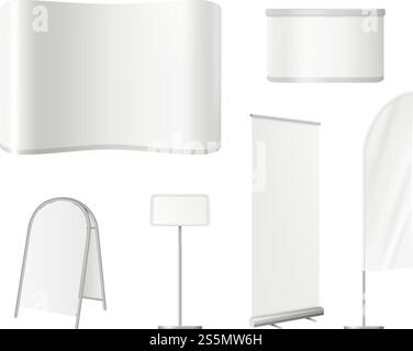 Leere Verkaufsstände für Werbezwecke. Werbeausstellung leerer Raum mit Wand Roll Up Banner Schreibtisch Vektor Marketing realistische Vorlage. Illustration der Verkaufsförderung, Illustration der Standwerbung. Leere Verkaufsstände für Werbezwecke. Werbeausstellung leerer Raum mit Wand Roll Up Banner Schreibtisch Vektor Marketing realistische Vorlage Stock Vektor
