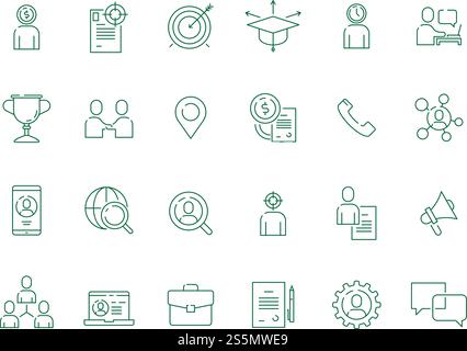 Jobsuche. Professionelle Mitarbeiter Top Supermanager persönliche Beschäftigung Vektor Thin icon Sammlung. Abbildung: Kandidat für Jagd- und Personalbeschaffung, Symbolgruppe für HR-Organisation. Jobsuche. Professionelle Mitarbeiter Top Supermanager persönliche Beschäftigung Vektor Thin icon Sammlung Stock Vektor