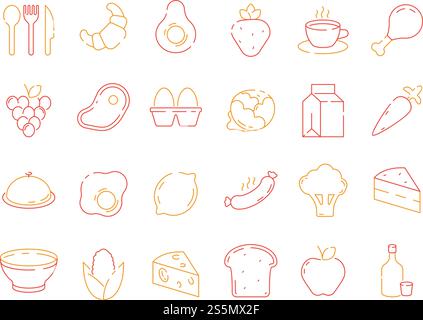 Farbiges Symbol für Lebensmittel. Brot Fisch Obst Gemüse Menüoptionen und Küchenwerkzeuge für die Zubereitung von Vektorsymbolen mit dünnen Linien. Illustration von Brot und Obst, Rührei und Zitrone. Farbiges Symbol für Lebensmittel. Brot Fisch Obst Gemüse Menüoptionen und Küchenwerkzeuge für die Zubereitung von Vektorsymbolen mit dünnen Linien Stock Vektor