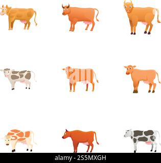 Symbolsatz für landwirtschaftliche Kuhtiere. Zeichentricksatz von 9 Bauernhof Kuh Tiere Vektor-Icons für Web-Design isoliert auf weißem Hintergrund. Bauernhof-Kuhtiere-Icon-Set, Cartoon-Stil Stock Vektor