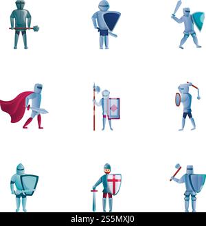 Mittelalterliche Rittersymbole. Zeichentricksatz von 9 mittelalterlichen Rittern Vektor-Icons für Web-Design isoliert auf weißem Hintergrund. Mittelalterliche Rittersymbole, Cartoon-Stil Stock Vektor