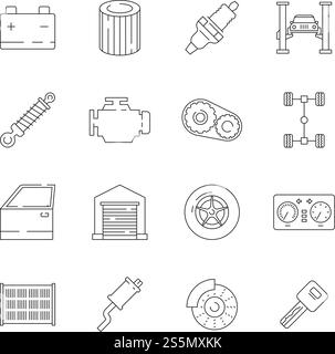 Symbol für Fahrzeugwartung. Autoteile Getriebe Motor Vektoren einfache dünne Linien Symbole. Autoreparatur, Autoschlüssel-Illustration. Symbol für Fahrzeugwartung. Autoteile Getriebe Motor Vektoren einfache dünne Linien Symbole Stock Vektor
