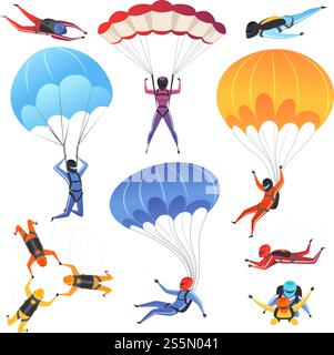 Extremer Fallschirmsport. Adrenalinfiguren springen Gleitschirmfliegen und Fallschirmspringen fliegen Aerodynamik Vektorbild isoliert. Fallschirmspringen, Fallschirmspringen, Paragliding Illustration. Extremer Fallschirmsport. Adrenalinfiguren springen Gleitschirmfliegen und Fallschirmspringen fliegen Aerodynamik Vektorbild isoliert Stock Vektor