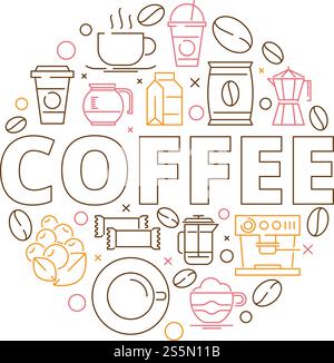 Hintergrund der Kaffeesymbole. Kreisform aus Kaffeekörnern Espresso Mühle Heißgetränk Tassen Cupcakes Vektor dünne Linie Design. Illustratino mit Kaffeegetränk, Tasse Espresso. Hintergrund der Kaffeesymbole. Kreisform aus Kaffeekörnern Espresso Mühle Heißgetränk Tassen Cupcakes Vektor dünne Linie Design Stock Vektor