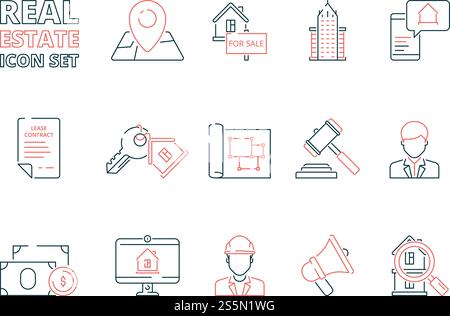Symbol für Immobilienlinie. Gebäudeverkauf Haus Immobilien Geschäft Hausbesitzer Vektor farbige dünne Symbole. Illustration von Gebäudeeigentum, Haus und Schlüsselabbildung. Symbol für Immobilienlinie. Gebäudeverkauf Haus Immobilien Geschäft Hausbesitzer Vektor farbige dünne Symbole Stock Vektor
