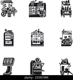 Symbolsatz für Straßenmarkt-Kiosk. Einfacher Satz von 9 Straßenmarkt Kiosk-Vektorsymbolen für Webdesign isoliert auf weißem Hintergrund. Street Market Kiosk Icon Set, einfacher Stil Stock Vektor