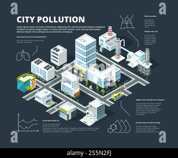 Städtische Infografik. Geschäftskonzept Menschen Bevölkerung Megapolis Transportgebäude Straße isometrische Stadtkarte Vektor Infografik. Illustration der isometrischen Stadt, Infografik-Verschmutzung. Städtische Infografik. Geschäftskonzept Menschen Bevölkerung Megapolis Transportgebäude Straße isometrische Stadtkarte Vektor Infografik Stock Vektor