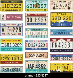 Autokennzeichen. Kfz-Zulassungsnummern Vektor-Vorlagenbuchstaben. Abbildung: Automatische Kennzeichennummer, Registrierungstransport. Autokennzeichen. Kfz-Zulassungsnummern Vektor-Vorlagenbuchstaben Stock Vektor