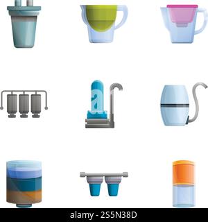 Symbolsatz Aqua Filtration. Zeichentricksatz von 9 Aqua Filtration Vektor-Icons für Web-Design isoliert auf weißem Hintergrund. Aqua Filtration Icon Set, Cartoon Style Stock Vektor