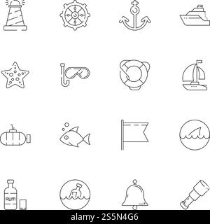 Nautische Sammlung. Marine Ozean Seeschifffahrt Segelsymbole Abenteuer Kapitän Cap Boot Rad Fisch Vektor dünne Linie Symbol. Ozean- und Seefahrt, Reiseyacht, U-Boot und Glocke Illustration. Nautische Sammlung. Marine Ozean Seeschifffahrt Segelsymbole Abenteuer Kapitän Cap Boot Rad Fisch Vektor dünne Linie Symbol Stock Vektor