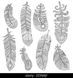 Stammesfedern. Grunge authentische Textur der Mode indische Federn Vektor isolierte Bilder. Illustration von Grunge Stammesschmuck, Dekoration Leichtigkeit aztekische Feder. Stammesfedern. Grunge authentische Textur der Mode indische Federn Vektor isolierte Bilder Stock Vektor