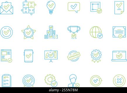 Symbole für zugelassene Dokumente. Garantie zertifiziert genehmigt offizielle Unterschrift Doc Vektor dünne Linien Symbole. Abbildung: Unterschriftenprojekt, digitale Markierung genehmigen. Symbole für zugelassene Dokumente. Garantie zertifiziert genehmigt offizielle Unterschrift Doc Vektor dünne Linien Symbole Stock Vektor