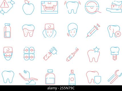 Zahnsymbol. Zahnzähne Stomatologie Gesundheitspflege Dünnlinienvektor-farbige Symbole. Stomatologie Medizin, medizinische Umrisse Dental, Gesundheit kieferorthopädische Illustration. Zahnsymbol. Zahnzähne Stomatologie Gesundheitspflege Dünnlinienvektor-farbige Symbole Stock Vektor