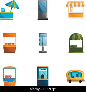 Straßenladen-Symbolsatz. Zeichentricksatz von 9 Straßenladen-Vektorsymbolen für Webdesign isoliert auf weißem Hintergrund. Straßenladen-Icon-Set, Cartoon-Stil Stock Vektor