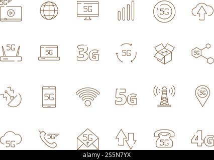 5g-Symbole. Internet mobile Sicherheit drahtlose 4g Signal Telekommunikation neue Technologie kostenlose wifi Vektorsymbole. Abbildung: Kostenloses Wireless-Signal, Internetverbindung 4g und 5g. 5g-Symbole. Internet mobile Sicherheit drahtlose 4g Signal Telekommunikation neue Technologie kostenlose wifi Vektorsymbole Stock Vektor