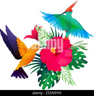 Tropische Vogelpflanzen. Exotischer farbiger Hintergrund mit Papageien und Kolibris sitzen auf Blättern und Blumen Vektorbild. Illustration eines exotischen Vogels mit farbiger Blume. Tropische Vogelpflanzen. Exotischer farbiger Hintergrund mit Papageien und Kolibris sitzen auf Blättern und Blumen Vektorbild Stock Vektor