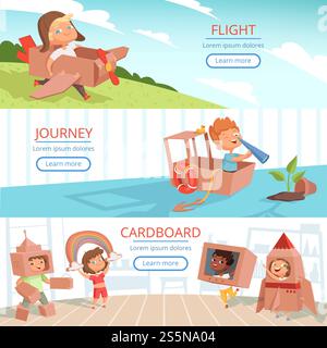 Kinder spielen Banner. Bildung Vorschulspiele Kinder in Pappkarton Kostüme Vektorvorlage. Vorschulspiel mit Kartonkostüm-Illustration. Kinder spielen Banner. Bildung Vorschulspiele Kinder in Pappkarton Kostüme Vektorvorlage Stock Vektor