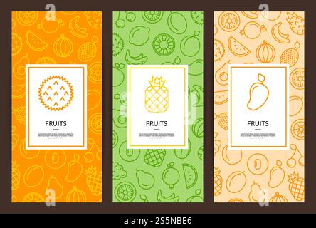 Vektorlinie Obst Symbole Flyer Vorlagen Illustration. Kartenschablone Fruchtbeere, Mango und Orange. Vektorlinie Obst Symbole Flyer Vorlagen Illustration Stock Vektor