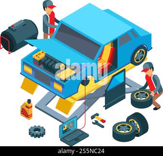 Räder wechseln. Techniker, die in der Autowartung arbeiten, mechanische Arbeiten Reparieren von Fahrzeugdetails Vektorbild. Illustration für Automechaniker, Reparaturfahrzeug und Techniker. Räder wechseln. Techniker, die in der Autowartung arbeiten, mechanische Arbeiten Reparieren von Fahrzeugdetails Vektorbild Stock Vektor