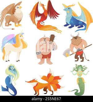 Fantastische Kreaturen. Phoenix-Drachen-Hybridtiere fliegende Löwen Minotaur-Zentaur-Vektor-Karikaturbilder. Illustration von Monster und Meerjungfrau, Einhorn und medusa, phönix und Minotaur. Fantastische Kreaturen. Phoenix-Drachen-Hybridtiere fliegende Löwen Minotaur-Zentaur-Vektor-Karikaturbilder Stock Vektor