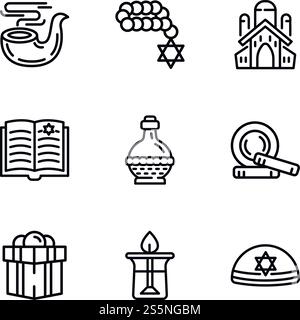 Judentum-Symbolgruppe. Kontursatz von 9 jüdischen Vektorsymbolen für Webdesign isoliert auf weißem Hintergrund. Judentum-Symbolsatz, Umrissstil Stock Vektor