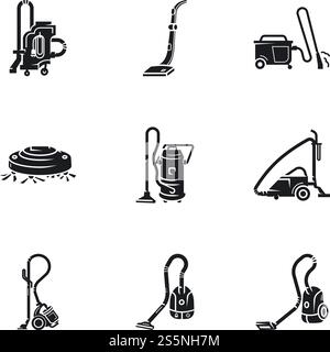 Moderner Staubsauger – Symbolsatz. Einfacher Satz von 9 modernen Vektorsymbolen für Webdesign isoliert auf weißem Hintergrund. Modernes Symbol-Set für Staubsauger, schlichter Stil Stock Vektor