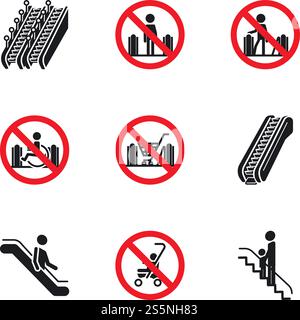 Symbolgruppe für Einschränkung der Rolltreppe. Einfacher Satz von 9 Restriktionsvektorsymbolen für Webdesign isoliert auf weißem Hintergrund. Symbolsatz für Einschränkung der Rolltreppe, einfache Ausführung Stock Vektor