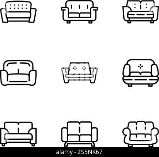 Altes Sofa-Symbol. Umrisssatz von 9 alten Sofa-Vektorsymbolen für Webdesign isoliert auf weißem Hintergrund. Altes Sofa-Symbol-Set, Umrissstil Stock Vektor