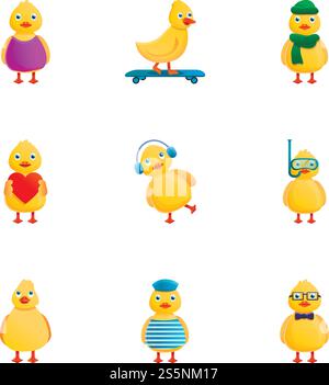 Niedliches Entensymbol. Zeichentricksatz von 9 netten Enten Vektor-Icons für Web-Design isoliert auf weißem Hintergrund. Niedliches Entensymbol-Set, Cartoon-Stil Stock Vektor