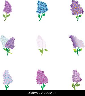 Lilafarbenes Frühlingsblumen-Set. Zeichentricksatz von 9 lilac Frühling Blume Vektor-Icons für Web-Design isoliert auf weißem Hintergrund. Lilafarbenes Frühlingsblumen-Icon-Set, Cartoon-Stil Stock Vektor