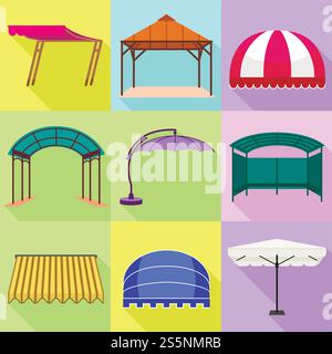 Symbolgruppe „Schutzdach“. Flacher Satz von 9 Überdachungsvektorsymbolen für Webdesign isoliert auf weißem Hintergrund. Baldachin-Symbol-Set, flacher Stil Stock Vektor