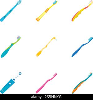 Modernes Zahnbürstensymbol-Set. Flacher Satz von 9 modernen Zahnbürstenvektorsymbolen für Webdesign isoliert auf weißem Hintergrund. Modernes Zahnbürstensymbol-Set, flacher Stil Stock Vektor